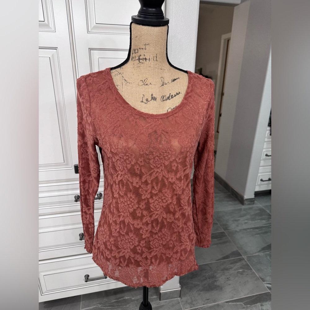Maurices 24/7 brand, Lace Long Sleeve Blouse - Rust color.